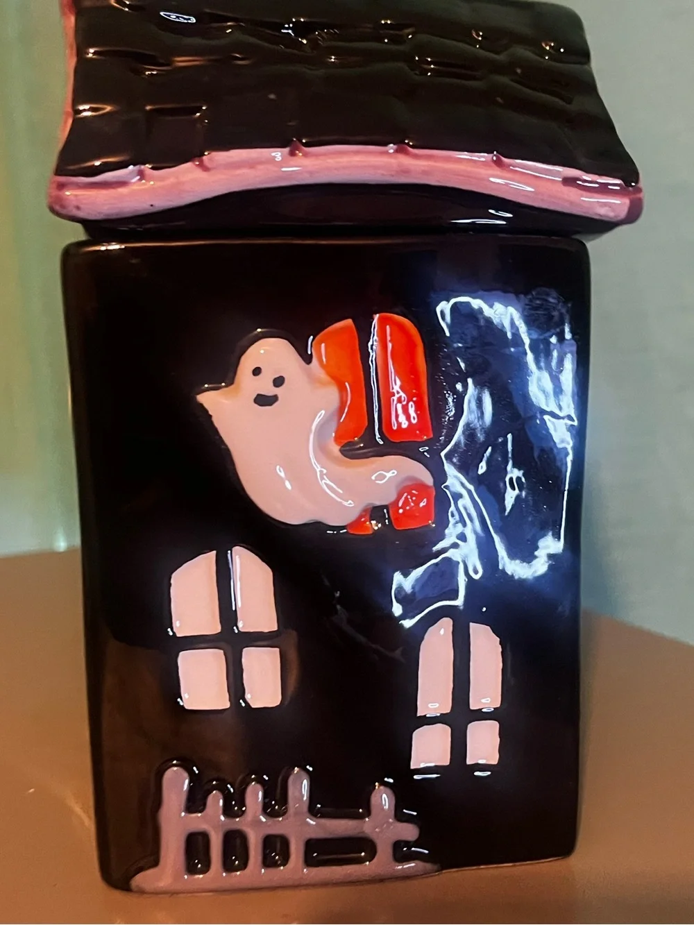 Black and Orange Haunted Ceramic House Candy Jar by